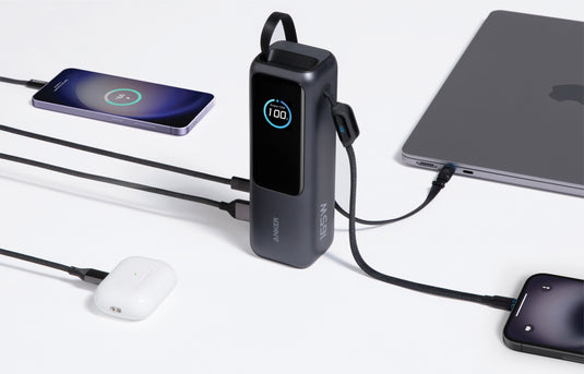 Anker Power Bank 25,000mAh with 165W output, built-in retractable cable for phone and tablet charging.