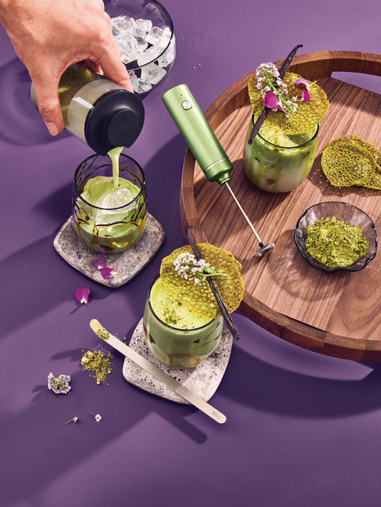 AdHoc Matcha Connoisseur Set Chado with matcha bowl, whisk, and spoon for traditional tea preparation in a home setting.