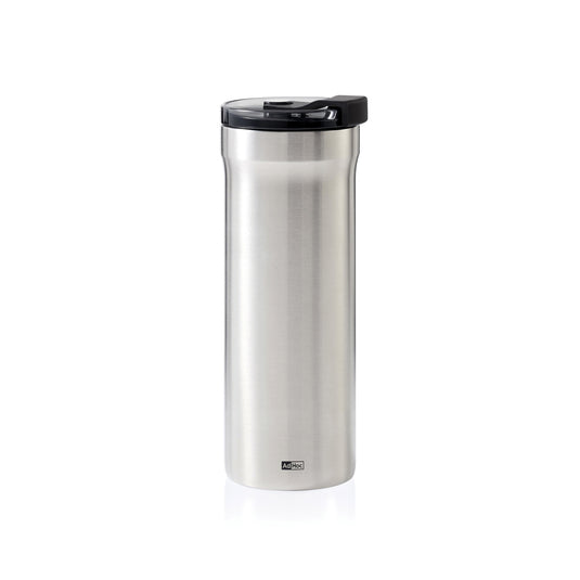 AdHoc Thermal Mug Pulse in black with stainless steel lid, designed for hot beverages, compact and stylish for home and on-the-go use.