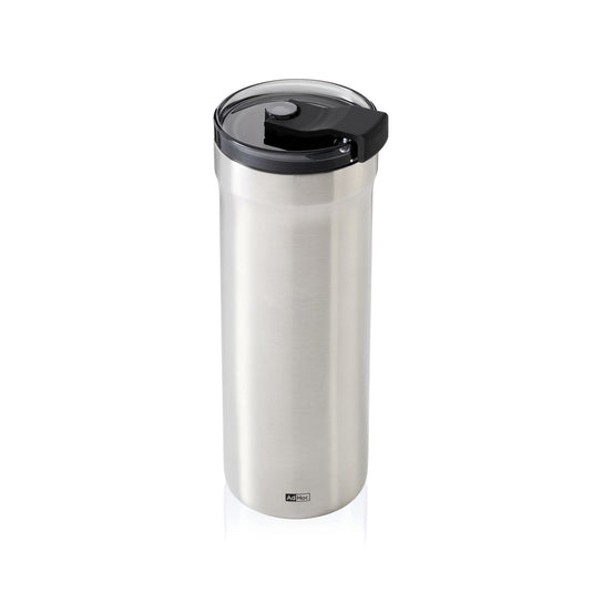 AdHoc Thermal Mug Pulse in black with stainless steel accents, designed for hot and cold beverages, on a home countertop.