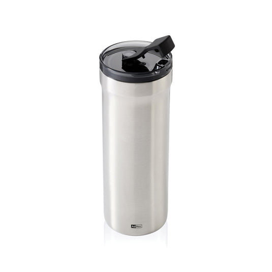 AdHoc Thermal Mug Pulse in black with stainless steel lid, designed for hot beverages, featuring a sleek, modern home and living style.