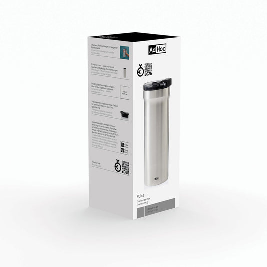 AdHoc Thermal Mug Pulse in black with lid, made for hot and cold beverages, durable ceramic exterior, and sleek design.