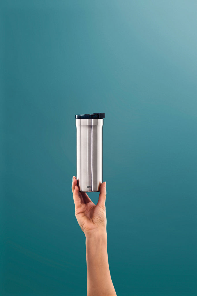 Load image into Gallery viewer, AdHoc Thermal Mug Pulse in black with stainless steel lid, designed for hot and cold beverages, made for home and travel use.

