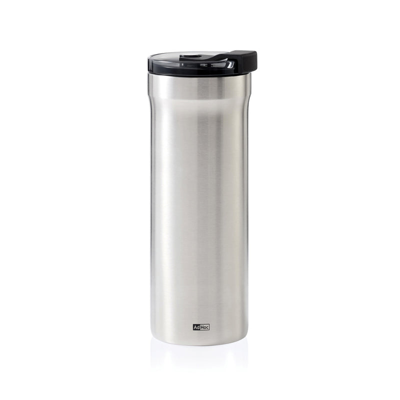 Load image into Gallery viewer, AdHoc Thermal Mug Pulse in stainless steel with black lid, designed for hot beverages, perfect for home and travel use.
