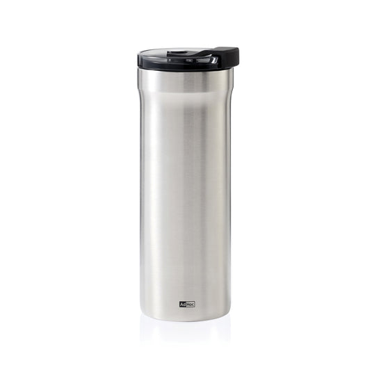 AdHoc Thermal Mug Pulse in stainless steel with black lid, designed for hot beverages, perfect for home and travel use.