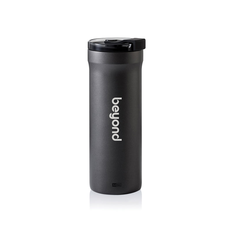 Load image into Gallery viewer, AdHoc Thermal Mug Pulse in black with stainless steel finish, designed for hot beverages, with a sleek, modern look for home and travel use.
