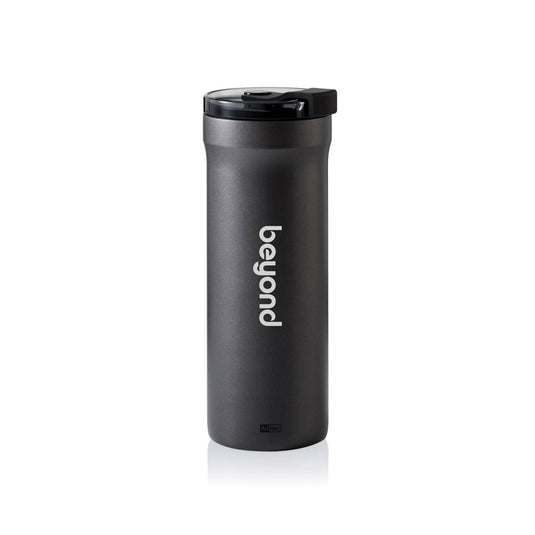 AdHoc Thermal Mug Pulse in black with stainless steel finish, designed for hot beverages, with a sleek, modern look for home and travel use.