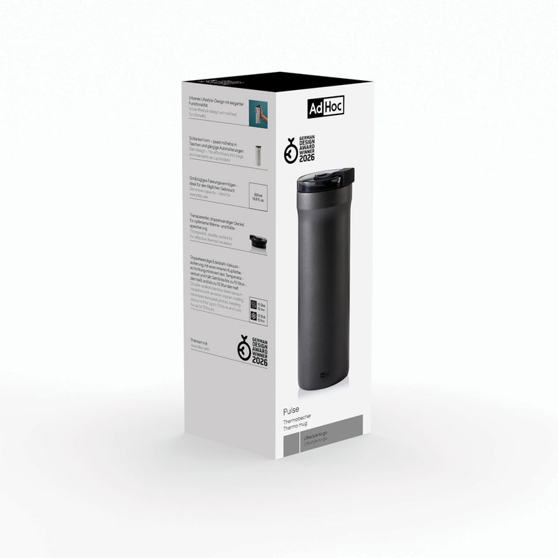 Load image into Gallery viewer, AdHoc Thermal Mug Pulse in black with stainless steel lid, double-walled insulation for hot and cold beverages.

