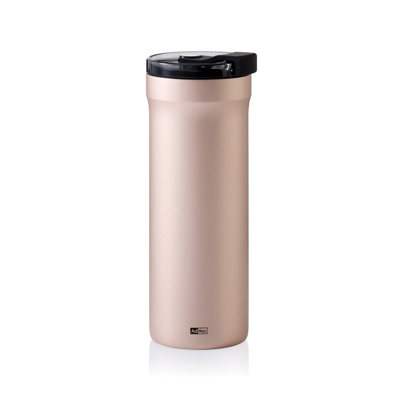Load image into Gallery viewer, AdHoc Thermal Mug Pulse in stainless steel with black handle, designed for hot and cold beverages, in a modern home and living setting.
