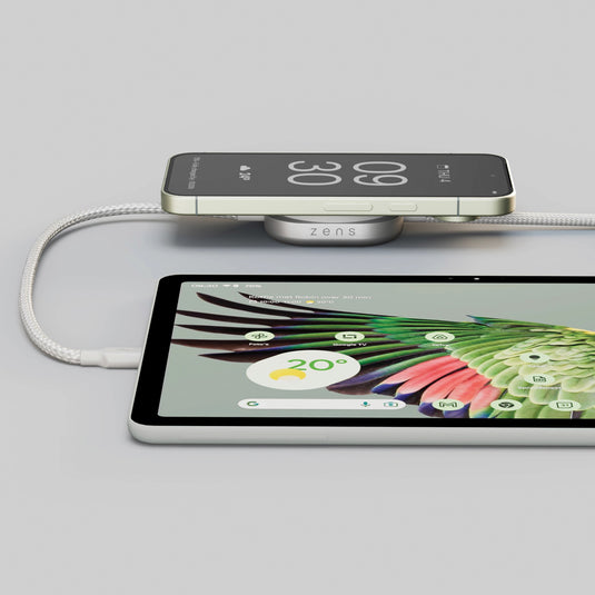 Zens Charging Cable USB C to C Pro 2 for phones and tablets, showing the black cable connected to devices