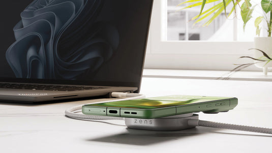 Zens USB C to C charging cable for phones and tablets, with a white braided design and compact connectors.