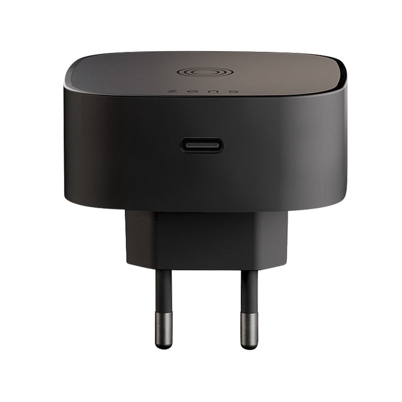 Load image into Gallery viewer, Zens wireless charging adapter for phones and tablets, compact black accessory with USB-C port for fast charging.
