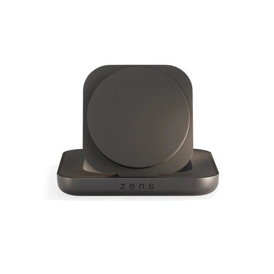 Zens Magnetic Nightstand Charger for phones and tablets, featuring sleek design and magnetic charging pad on a nightstand.