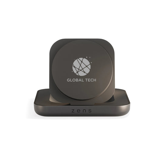 Zens Magnetic Nightstand Charger for phones and tablets, showing sleek design with magnetic charging pad and device attached.
