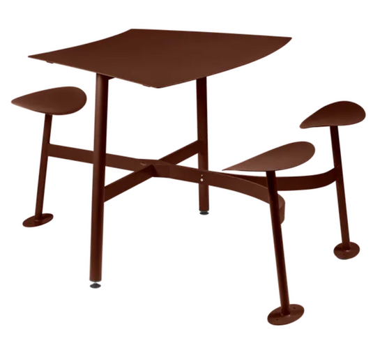 Red ochre Fermob Bolder 3-seater bar stool with blue accents, showcasing modern design and sturdy metal construction.