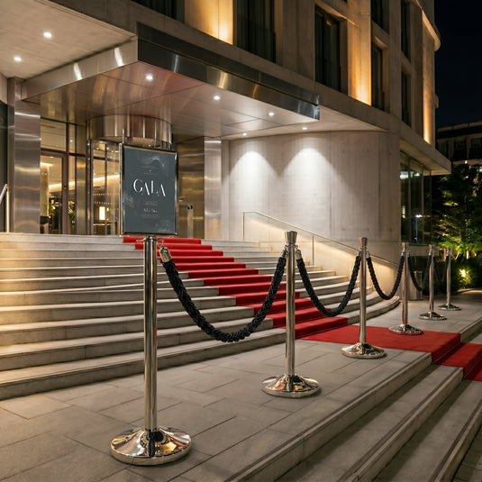 Securit Entrance Barrier Set - Classic Chrome - 2 Posts & Bases + Blue Velvet Rope - in use