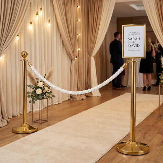 Securit Entrance Barrier Set - Classic Gold - 2 Posts & Bases + Blue Velvet Rope - in use