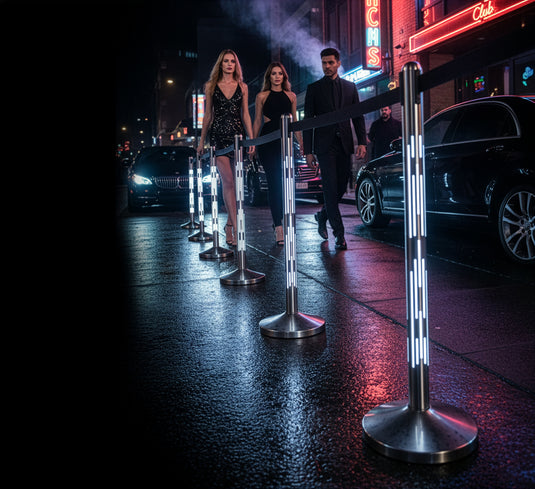 Securit Barriers Systems - Nova RGB LED Barrier System - Stainless Steel & Silver 32x101x32cm – in use