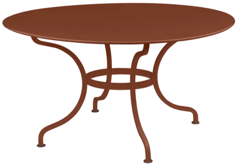 Load image into Gallery viewer, Red Fermob Romane round table with 137cm diameter, designed for up to 8 guests, featuring a vibrant, durable outdoor surface.
