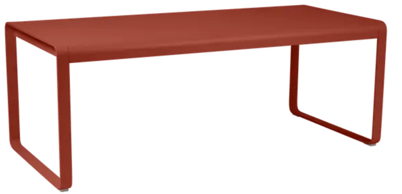 Load image into Gallery viewer, Red Ochre Fermob Bellevie outdoor metal dining table, 196 x 90 cm, eight-seater, suitable for outdoor patio or garden use.
