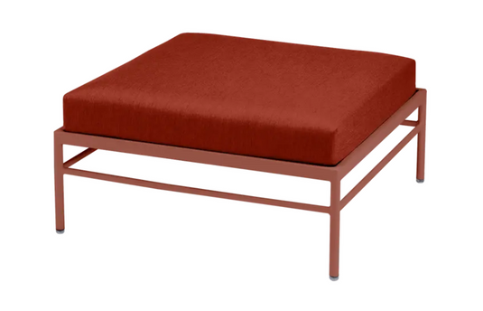 Red ochre Fermob Rivage Ottoman with metal frame, outdoor furniture lounge footstool, suitable for patio or garden use.