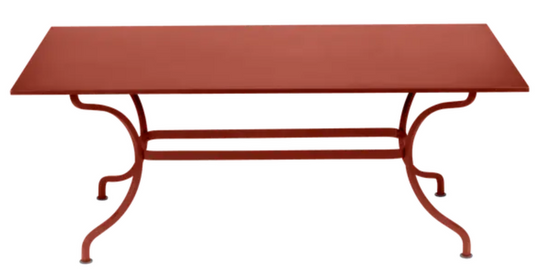 Red Ochre Fermob Romane table, 180 x 100 cm, designed for up to 8 guests, outdoor dining table with sleek modern style.