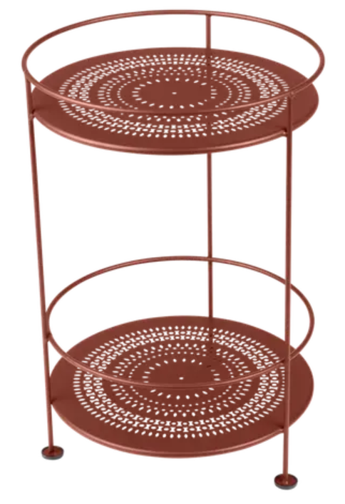 Fermob Guinguette side table with red ochre perforated metal double top, stylish and durable outdoor furniture.