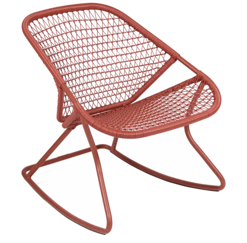 Load image into Gallery viewer, Red Ochre Fermob Sixties rocking outdoor metal chair with curved armrests and a slatted design for outdoor relaxation.
