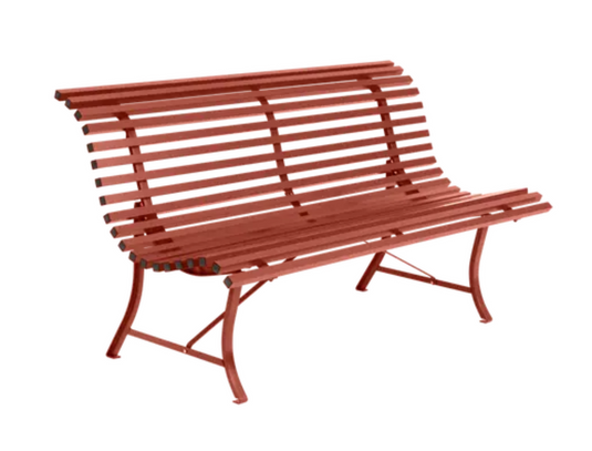 Red Louisiane 150cm outdoor folding bench by Fermob, steel frame, suitable for commercial outdoor spaces