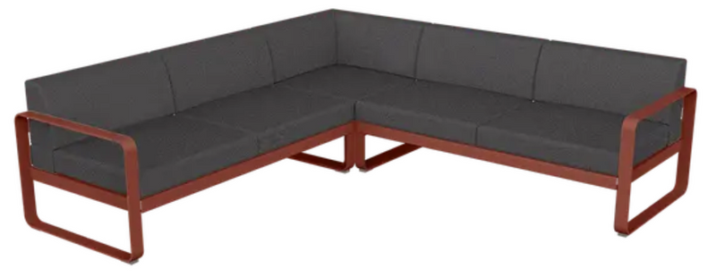 Load image into Gallery viewer, Fermob Bellevie Composition 2 outdoor sofa set with red ochre, graphite, and grey cushions on a modern modular lounge.
