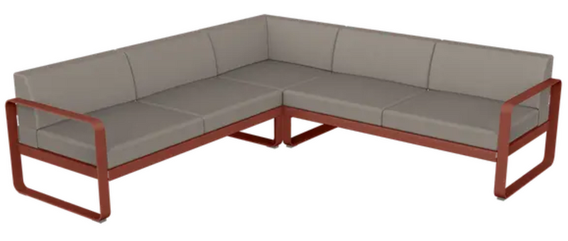 Load image into Gallery viewer, Red ochre and grey Fermob Bellevie outdoor sofa composition with modular lounge seats, perfect for stylish outdoor seating.

