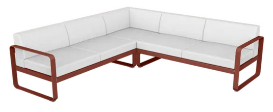 Fermob Bellevie Composition 2 outdoor lounge set with red ochre, off-white sofas and modular design for patio seating.