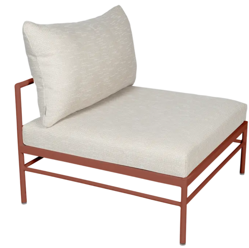 Load image into Gallery viewer, Red ochre Fermob Rivage low outdoor sofa chair with metal frame and wicker detailing, suitable for garden or patio seating.
