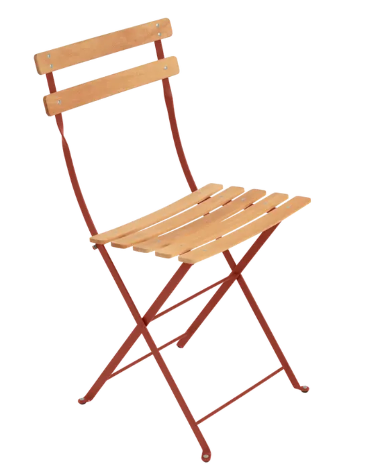 Load image into Gallery viewer, Red ochre Fermob Bistro Natural folding chair with wooden seat and metal frame, ideal for outdoor dining and patio use.
