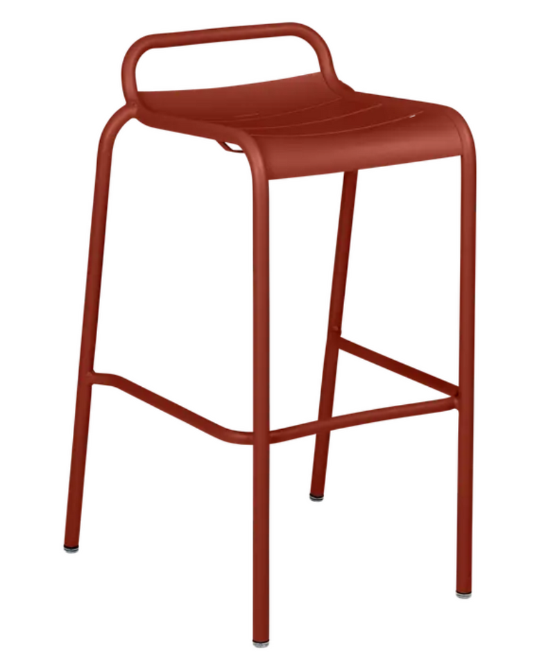 Load image into Gallery viewer, Red ochre Fermob Luxembourg bar stool for outdoor dining, featuring a modern design suitable for restaurant or home use.
