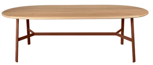 Red SO'O Oval Oak Table by Fermob, 220x95cm, solid wood dining table, 8-seater with sleek design and natural finish.