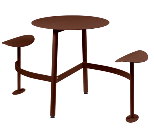 Red ochre Fermob BOLDER 2-seater outdoor modular round table with integrated seating and foxed metal finish.