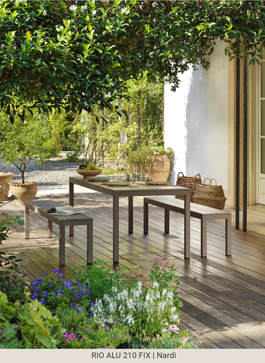 Nardi Rio Alu 210 fixed outdoor table with aluminum frame and wooden top, suitable for garden or patio use