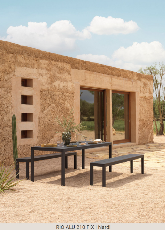Nardi Rio Alu 210 fixed outdoor table made of aluminum with sleek design, suitable for garden or patio use.