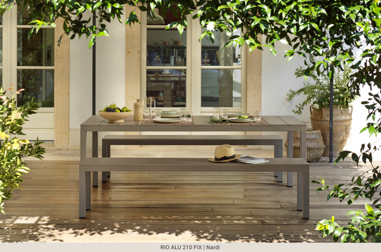 Nardi Rio Alu 210 fixed outdoor table with aluminum top and sturdy legs, ideal for garden or patio use.