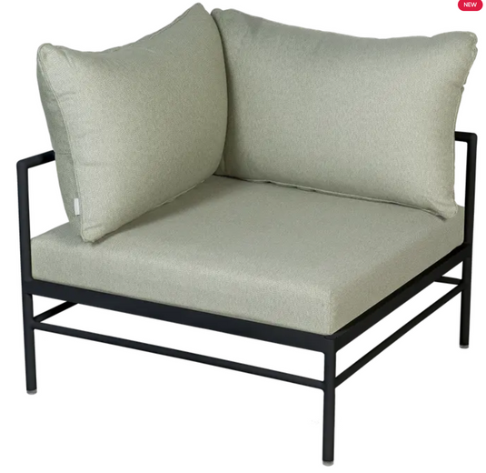 Fermob Rivage corner outdoor armchair with metal frame, part of the Rivage corner sofa collection, showing its stylish design and outdoor suitability.