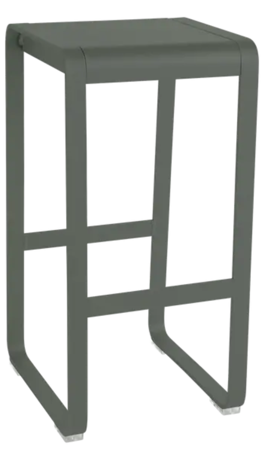 Fermob Bellevie high bar stool with a sleek metal frame, shown outdoors on a patio, perfect for modern outdoor seating.