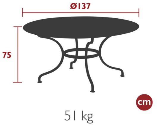 Fermob Romane round table with 137cm diameter, seating up to 8 guests, outdoor dining table in vibrant color.