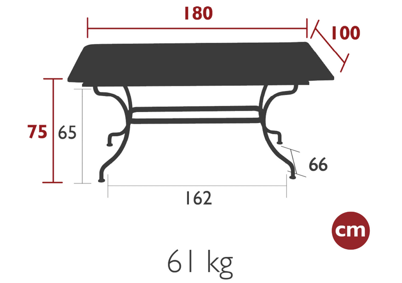 Load image into Gallery viewer, Fermob Romane dining table measuring 180 x 100 cm, designed for up to 8 guests, outdoor metal table with a sleek finish.
