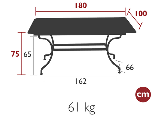 Fermob Romane dining table measuring 180 x 100 cm, designed for up to 8 guests, outdoor metal table with a sleek finish.