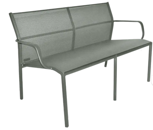Fermob Cadiz 2-seater outdoor bench made of aluminum with technical fabric seat, ideal for garden or patio seating.