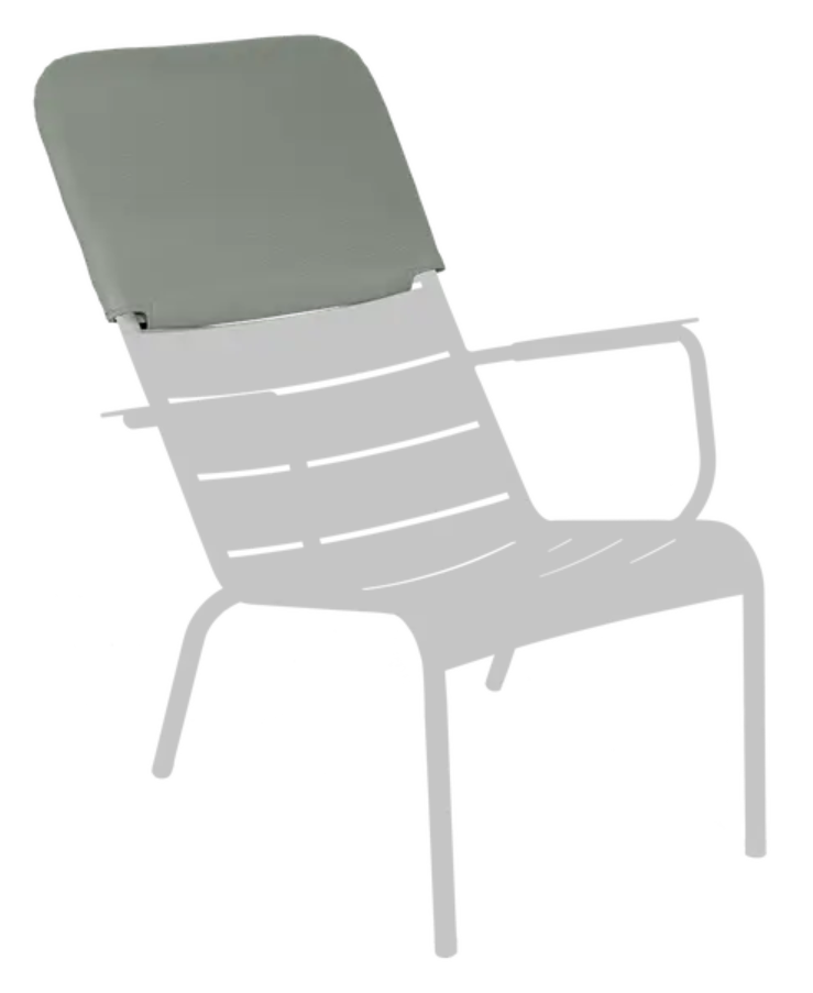 Load image into Gallery viewer, Fermob Luxembourg low armchair headrest with adjustable fabric cushion in a natural outdoor setting.
