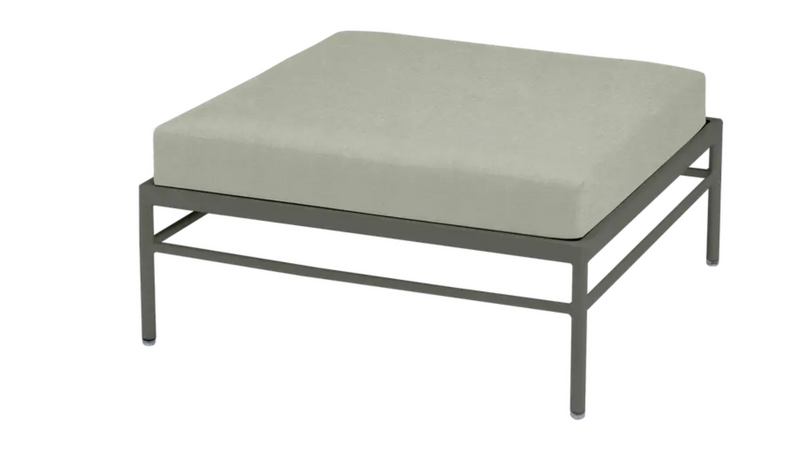 Load image into Gallery viewer, Rosemary Meadow green Fermob Rivage outdoor ottoman with metal frame, versatile lounge footstool for garden or patio.
