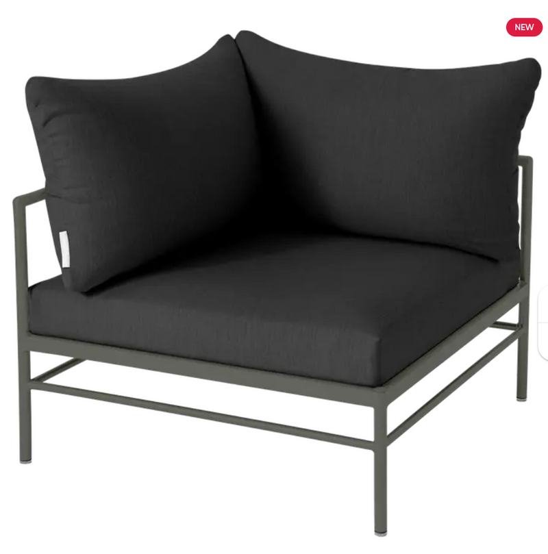 Load image into Gallery viewer, Rosemary night grey Fermob Rivage corner outdoor armchair with metal frame and plush cushions for comfortable patio seating.
