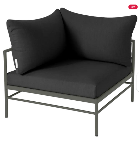 Rosemary night grey Fermob Rivage corner outdoor armchair with metal frame and plush cushions for comfortable patio seating.